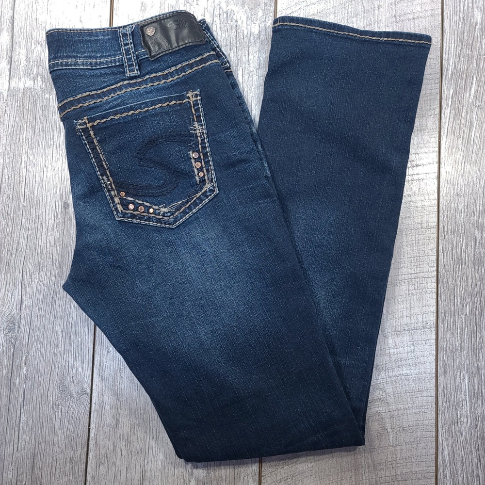 Silver Jeans Suki Mid Straight Womens 30x32 Dark Wash Fluid Denim Studded